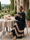 Women Oversized Long Sleeve Air Layer Maxi Dress, Striped Mock Neck Chevron Color Block Loose Long Dress ZMZ1145H4YZH