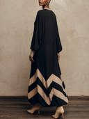 Women Oversized Long Sleeve Air Layer Maxi Dress, Striped Mock Neck Chevron Color Block Loose Long Dress ZMZ1145H4YZH