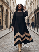 Women Oversized Long Sleeve Air Layer Maxi Dress, Striped Mock Neck Chevron Color Block Loose Long Dress ZMZ1145H4YZH