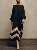 Women Oversized Long Sleeve Air Layer Maxi Dress, Striped Mock Neck Chevron Color Block Loose Long Dress ZMZ1145H4YZH