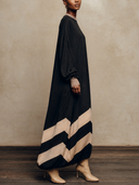 Women Oversized Long Sleeve Air Layer Maxi Dress, Striped Mock Neck Chevron Color Block Loose Long Dress ZMZ1145H4YZH