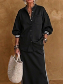 Women's Classic Casual Air-Layer Fabric Set: Stand-Collar Lantern-Sleeve Shirt And Elastic-Waist Skirt ZMZ1163H5ZYY