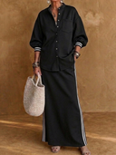 Women's Classic Casual Air-Layer Fabric Set: Stand-Collar Lantern-Sleeve Shirt And Elastic-Waist Skirt ZMZ1163H5ZYY