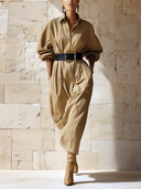 Women's Classic Khaki Cotton Long-Sleeve Midi Dress (Belt Included) ZMZ1239H7SWL