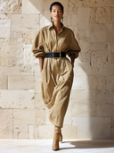 Women's Classic Khaki Cotton Long-Sleeve Midi Dress (Belt Included) ZMZ1239H7SWL