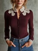 Women's Retro Casual Lace-Trimmed Stand Collar Sweater Cardigan ZMZ1217H5ZJY
