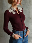 Women's Retro Casual Lace-Trimmed Stand Collar Sweater Cardigan ZMZ1217H5ZJY