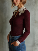 Women's Retro Casual Lace-Trimmed Stand Collar Sweater Cardigan ZMZ1217H5ZJY