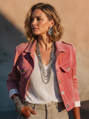 Women's Classic Pink Faux Suede Cropped Button-Front Jacket ZMZ1216H9SWL