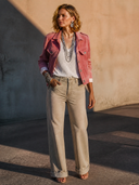 Women's Classic Pink Faux Suede Cropped Button-Front Jacket ZMZ1216H9SWL