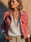 Women's Classic Pink Faux Suede Cropped Button-Front Jacket ZMZ1216H9SWL