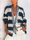 Women's Classic Navy And White Striped Open-Front Mohair Cardigan ZMZ1276H2SWL