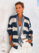 Women's Classic Navy And White Striped Open-Front Mohair Cardigan ZMZ1276H2SWL