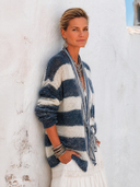 Women's Classic Navy And White Striped Open-Front Mohair Cardigan ZMZ1276H2SWL