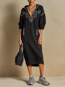 Women's Embroidered Zip-Up Hoodie Midi Dress with Drawstring Hood ZMZ1083H8XT