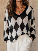 Women Black White Argyle Hollow Knit Top, V Neck Long Sleeve Loose Casual Sweater Blouse ZMZ1294H9YZH