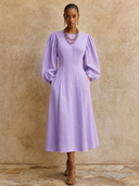 Women's High-Quality Cotton Linen Lantern Sleeve Midi Dress ZMZ1087H2XT