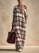 Women's Classic Color-Block Striped One-Shoulder Loose Long-Sleeve Knit Maxi Dress ZMZ1250H4SWL