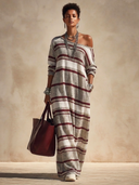 Women's Classic Color-Block Striped One-Shoulder Loose Long-Sleeve Knit Maxi Dress ZMZ1250H4SWL