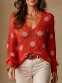 Women Polka Dot Hollow Knit Sweater, V Neck Long Sleeve Loose Casual Mesh Knit Blouse ZMZ1231H4YZH