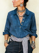 Women's Vintage Dark Blue Faux Suede Long-sleeve Top ZMZ1201H9SWL