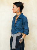Women's Vintage Dark Blue Faux Suede Long-sleeve Top ZMZ1201H9SWL