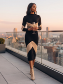 Women Color Block Ribbed Knit Midi Dress, Mock Neck Long Sleeve Bodycon Geometric Pattern Sweater Dress ZMZ1191H9YZH