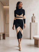 Women Color Block Ribbed Knit Midi Dress, Mock Neck Long Sleeve Bodycon Geometric Pattern Sweater Dress ZMZ1191H9YZH