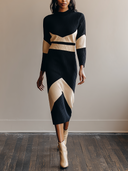 Women Color Block Ribbed Knit Midi Dress, Mock Neck Long Sleeve Bodycon Geometric Pattern Sweater Dress ZMZ1191H9YZH
