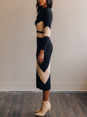 Women Color Block Ribbed Knit Midi Dress, Mock Neck Long Sleeve Bodycon Geometric Pattern Sweater Dress ZMZ1191H9YZH