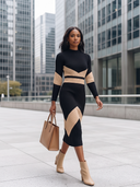 Women Color Block Ribbed Knit Midi Dress, Mock Neck Long Sleeve Bodycon Geometric Pattern Sweater Dress ZMZ1191H9YZH