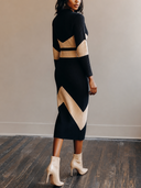 Women Color Block Ribbed Knit Midi Dress, Mock Neck Long Sleeve Bodycon Geometric Pattern Sweater Dress ZMZ1191H9YZH