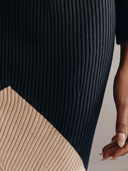 Women Color Block Ribbed Knit Midi Dress, Mock Neck Long Sleeve Bodycon Geometric Pattern Sweater Dress ZMZ1191H9YZH