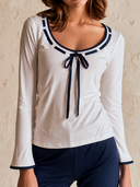 Women's Retro Casual Color Block Cotton Bow Round Neck Long Sleeve T-shirt ZMZ0752H3ZJY