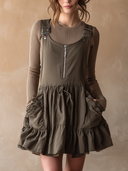 Women Adjustable Strap Cargo Pinafore Mini Dress, Front Zipper Drawstring Ruffle Hem Sleeveless Overall Dress With Pockets ZMZ1276H9YZH