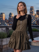 Women Adjustable Strap Cargo Pinafore Mini Dress, Front Zipper Drawstring Ruffle Hem Sleeveless Overall Dress With Pockets ZMZ1276H9YZH