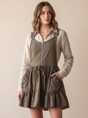 Women Adjustable Strap Cargo Pinafore Mini Dress, Front Zipper Drawstring Ruffle Hem Sleeveless Overall Dress With Pockets ZMZ1276H9YZH