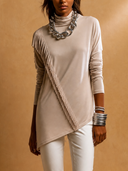 Women Turtleneck Long Sleeve Tunic Top, Diagonal Fringe Asymmetrical Hem Casual Blouse ZMZ0664H1YZH