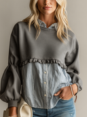 Women's Retro Casual Cotton Striped Crew Neck Faux Two-Piece Long-Sleeved Sweatshirt ZMZ1046H4ZJY