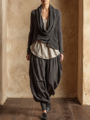 Women 3 Piece Linen Texture Outfit, Draped Cowl Neck Long Sleeve Cardigan + Loose Tank Top + Harem Drop Crotch Pants Set ZMZ1216H1YZH