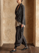 Women 3 Piece Linen Texture Outfit, Draped Cowl Neck Long Sleeve Cardigan + Loose Tank Top + Harem Drop Crotch Pants Set ZMZ1216H1YZH