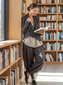 Women 3 Piece Linen Texture Outfit, Draped Cowl Neck Long Sleeve Cardigan + Loose Tank Top + Harem Drop Crotch Pants Set ZMZ1216H1YZH