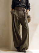 Women's Classic Vintage Army Green High-Waisted Wide-Leg Trousers With Color-Block Waistband ZMZ1381H5SWL