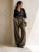 Women's Classic Vintage Army Green High-Waisted Wide-Leg Trousers With Color-Block Waistband ZMZ1381H5SWL