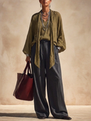 Women's Classic Army Green Textured Blend Top And Grey Wide-leg Trousers Set. ZMZ1378H8SWL