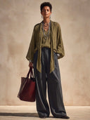 Women's Classic Army Green Textured Blend Top And Grey Wide-leg Trousers Set. ZMZ1378H8SWL