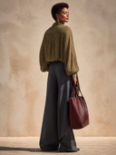 Women's Classic Army Green Textured Blend Top And Grey Wide-leg Trousers Set. ZMZ1378H8SWL