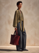 Women's Classic Army Green Textured Blend Top And Grey Wide-leg Trousers Set. ZMZ1378H8SWL