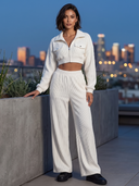 Women Ribbed Knit 2 Piece Outfit, Zip Up Collar Cropped Jacket + High Waist Wide Leg Pants Tracksuit Set ZMZ1232H3YZH