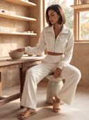 Women Ribbed Knit 2 Piece Outfit, Zip Up Collar Cropped Jacket + High Waist Wide Leg Pants Tracksuit Set ZMZ1232H3YZH